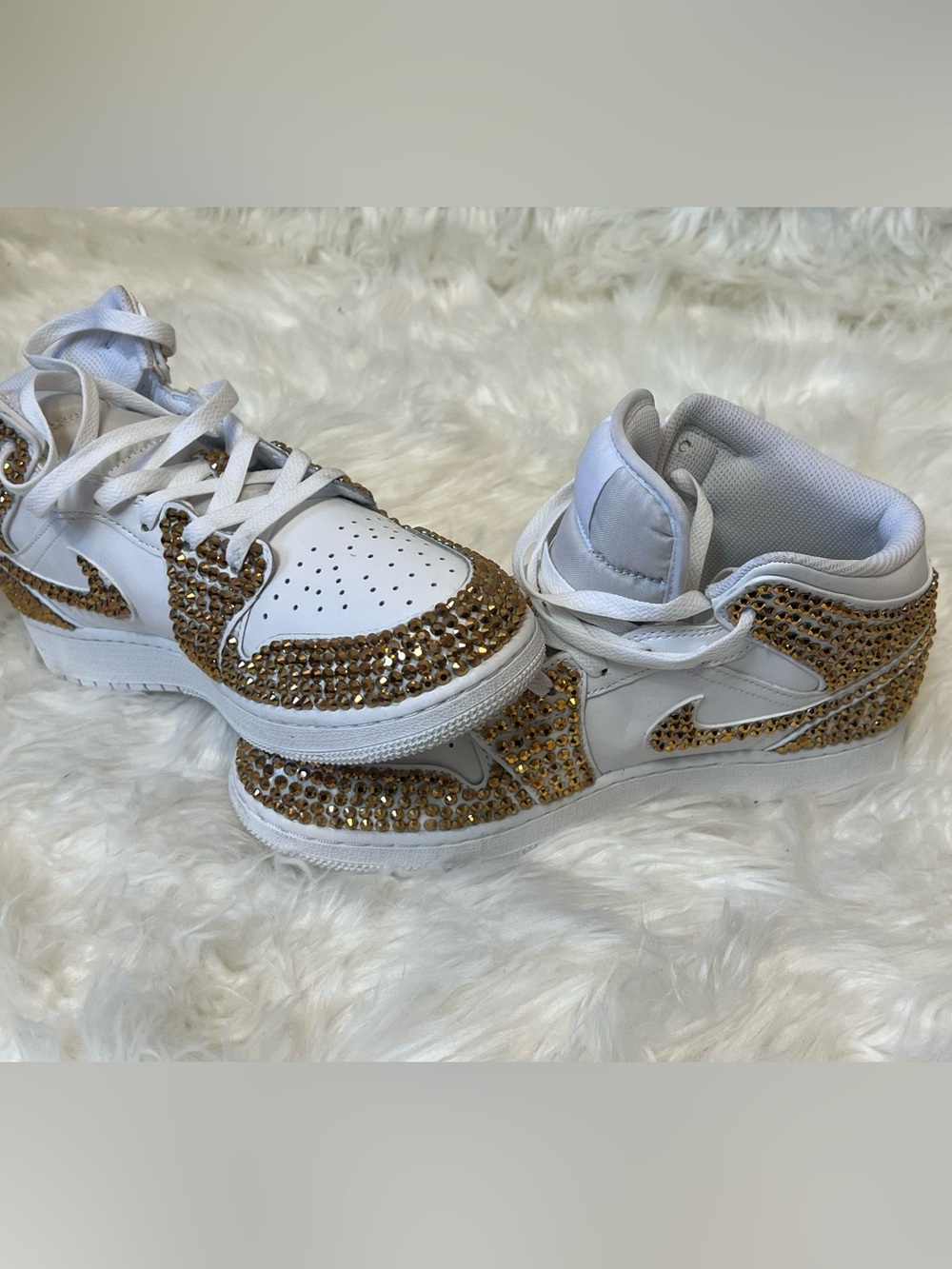 Jordan White Athletic Sneakers with Brown Crystal Details. Size 6.5 Youth.